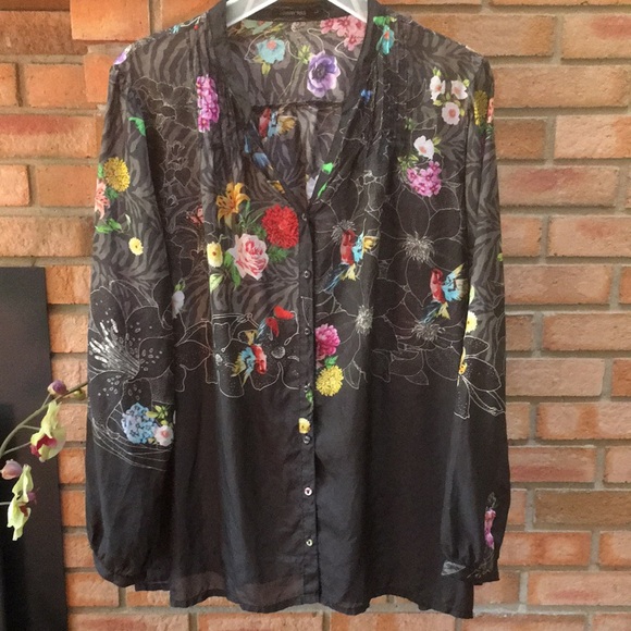 Johnny Was 100% Silk Zippy Tate Black Floral Button Down Tunic Blouse Washable L